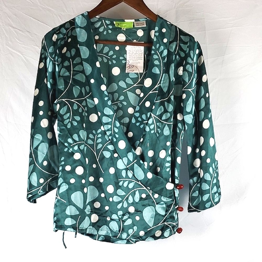 NWT Fair Trade Mata Traders Polysilk‎ Teal Blouse